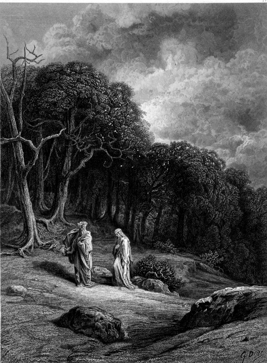 Merlin i Viviane w lesie Brocéliande - w „”Viviane” Alfreda Tennysona, ilustracja G. Doré autorstwa Gustave Dore