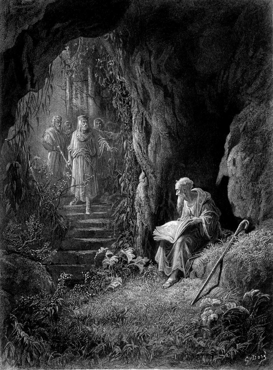 Merlin odkryty przez oficerów króla Artura w Lesie Broceliande (Cycle des chevaliers de la Table Ronde) - w „”Viviane”” Alfreda Tennysona, ilustracja G. Doré autorstwa Gustave Dore