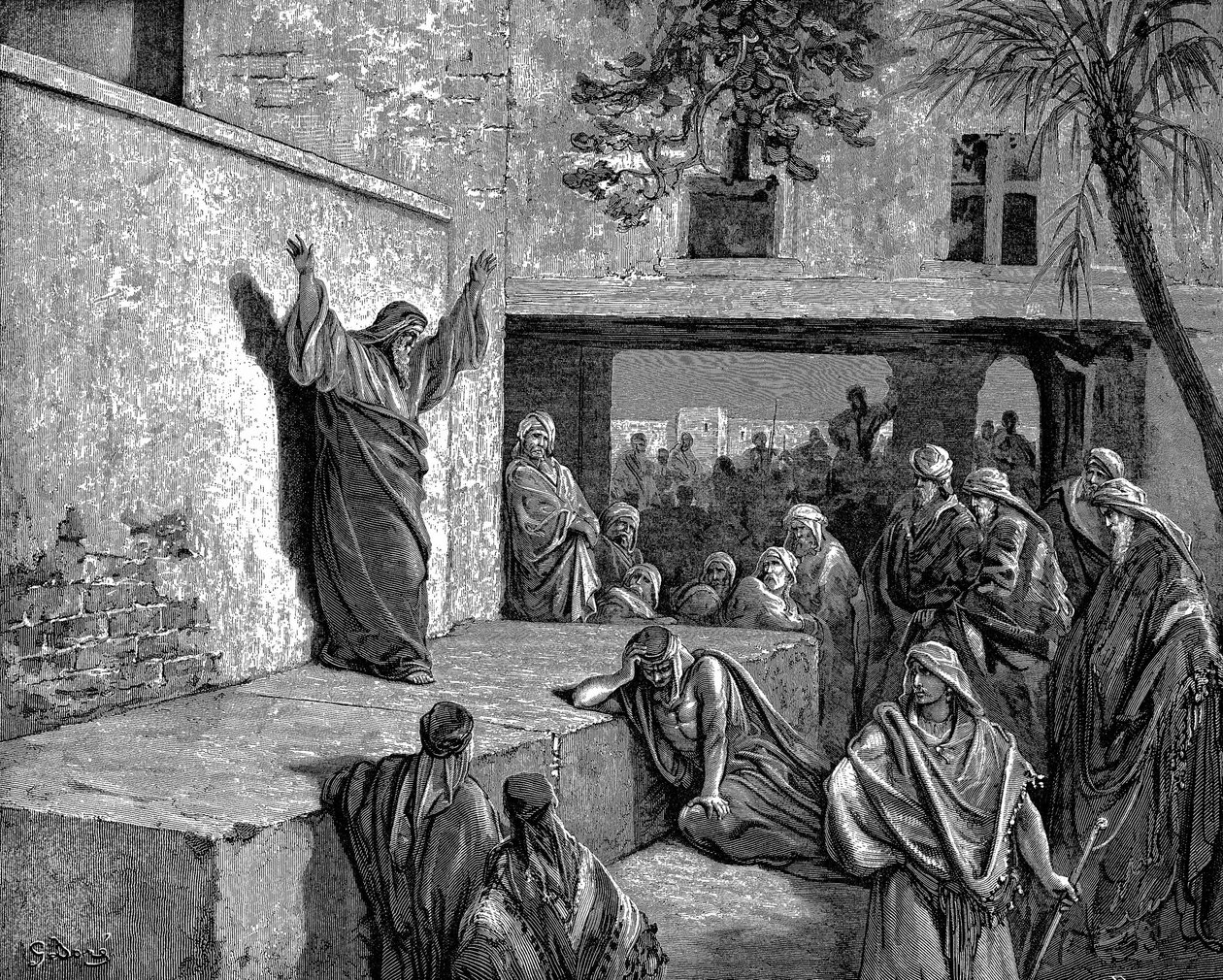 Prorok Micheasz, Moresztyta, mówi Izraelitom Bo oto Pan wychodzi… i zstąpi, i będzie deptał po wyżynach ziemi. Biblia Micheasza I:3. Ilustracja Gustave