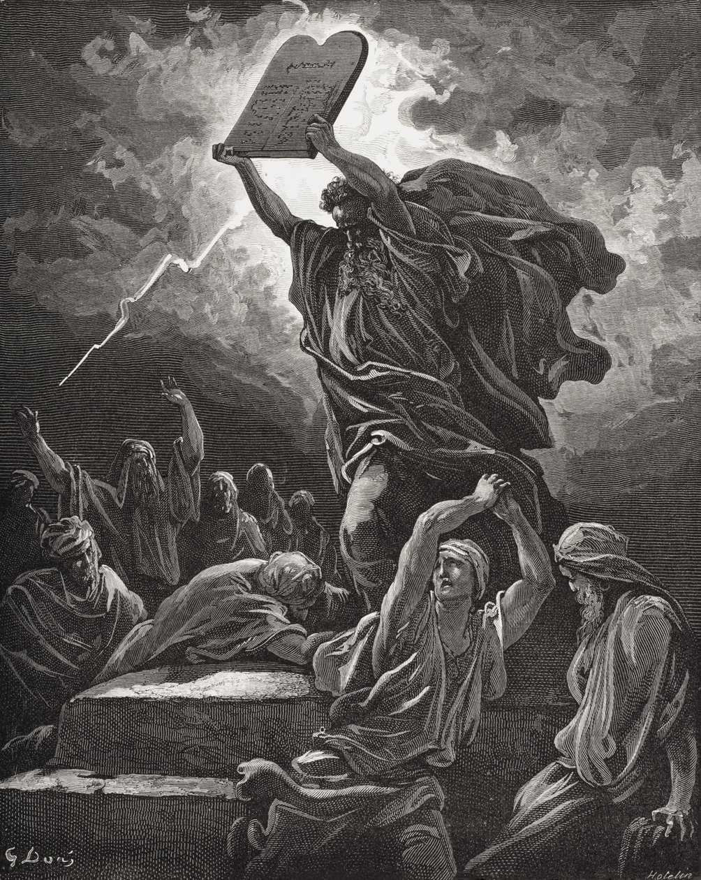 Mojżesz łamiący tablice prawa, Księga Wyjścia 32:19, ilustracja z „The Holy Bible” Dore