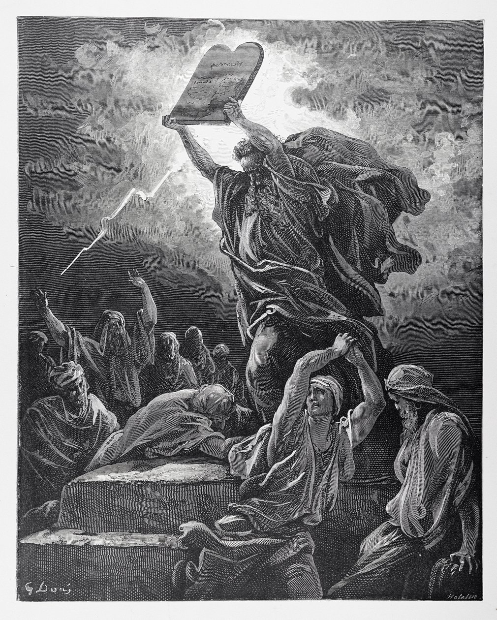 Mojżesz łamiący tablice prawa, rytowane przez Hotelina, ok. 1868 r. autorstwa Gustave Dore