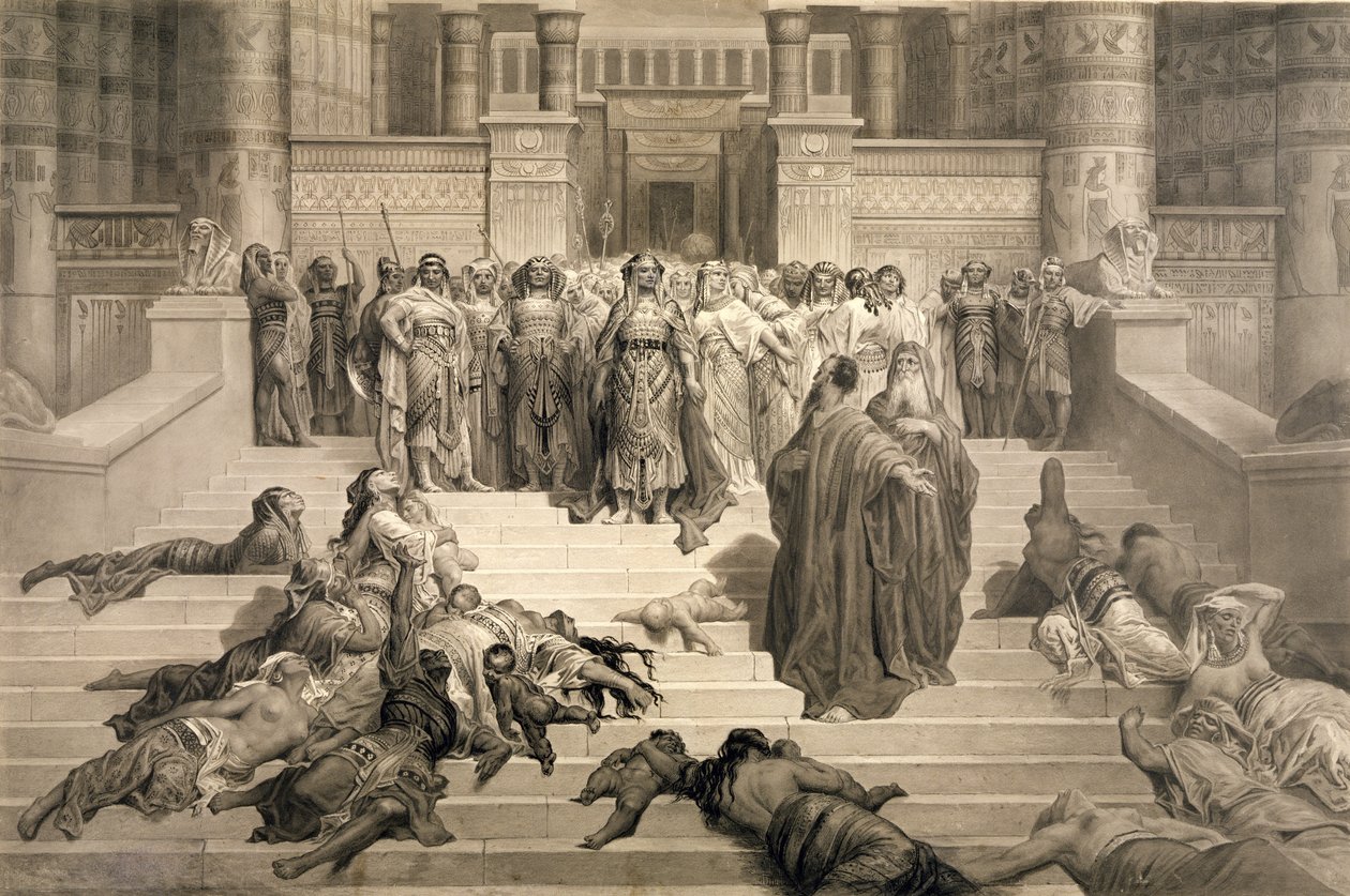Mojżesz przed faraonem (mycie węglem i piórem i tuszem na papierze) autorstwa Gustave Dore