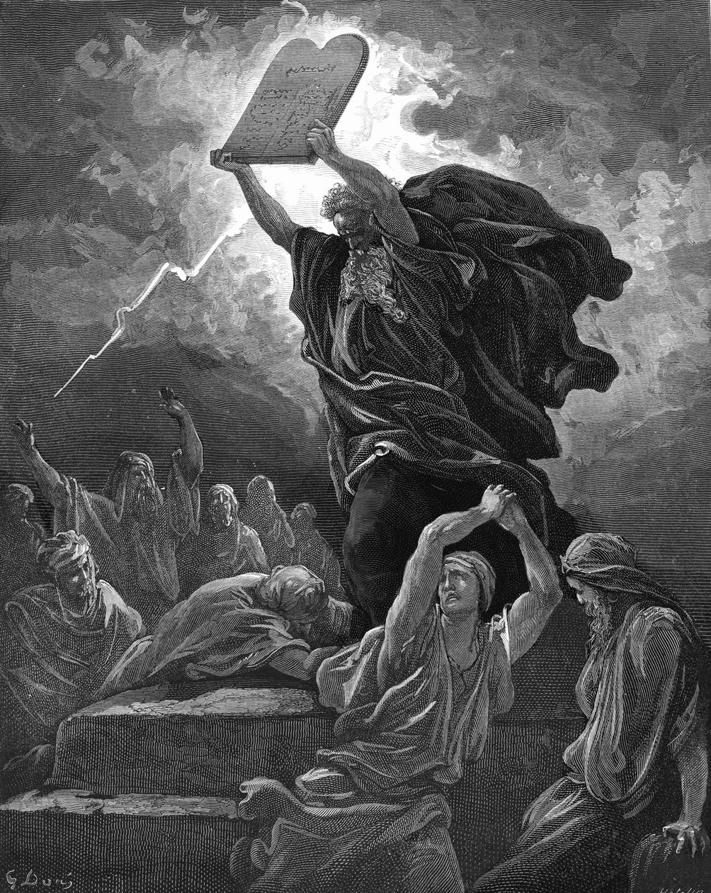 Mojżesz łamie tablice prawa, grawerując. - Biblia autorstwa Gustave Dore