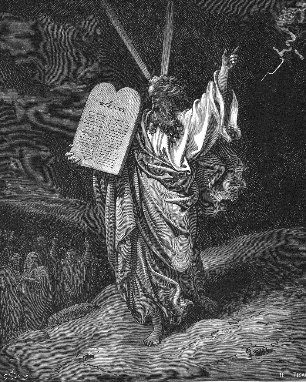 Mojżesz schodzący z góry Synaj z tablicami Prawa (Dziesięć Przykazań). Wyjścia 5.35. Ilustracja Gustave