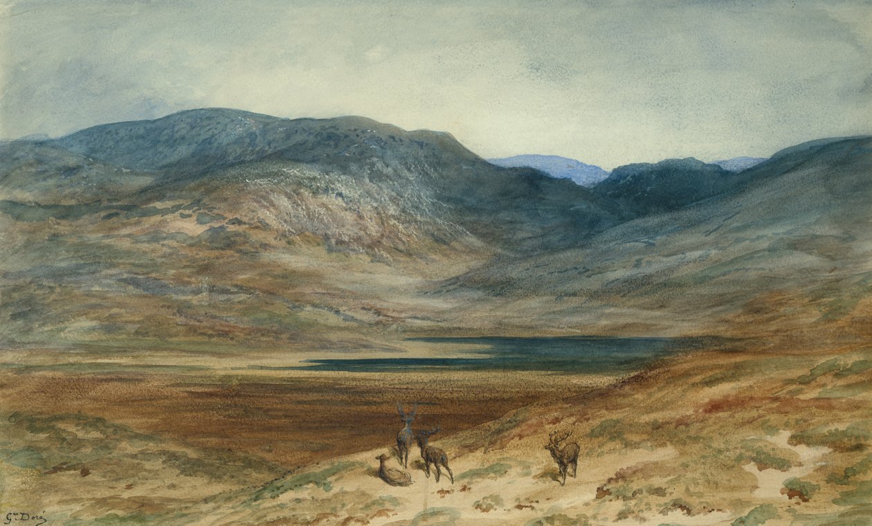 Pejzaż górski z jeleniem, 1873 (toaleta i kredka na papierze) autorstwa Gustave Dore