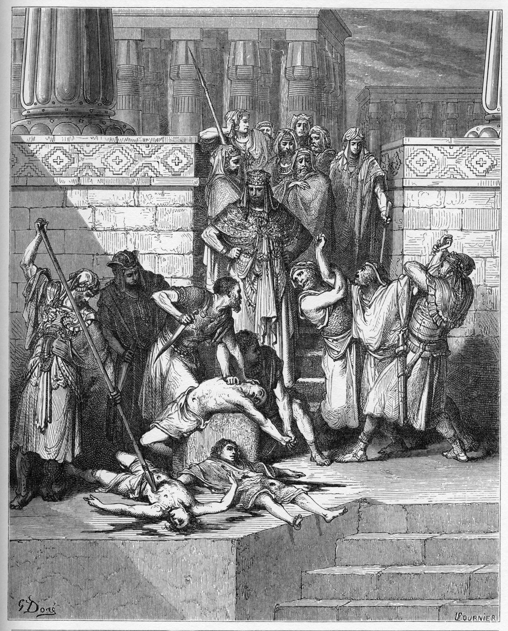 Nabuchodonozor rozkazuje zabić synów zbuntowanego Sedekiasza - grawer w „The Bible illustree” Gustave