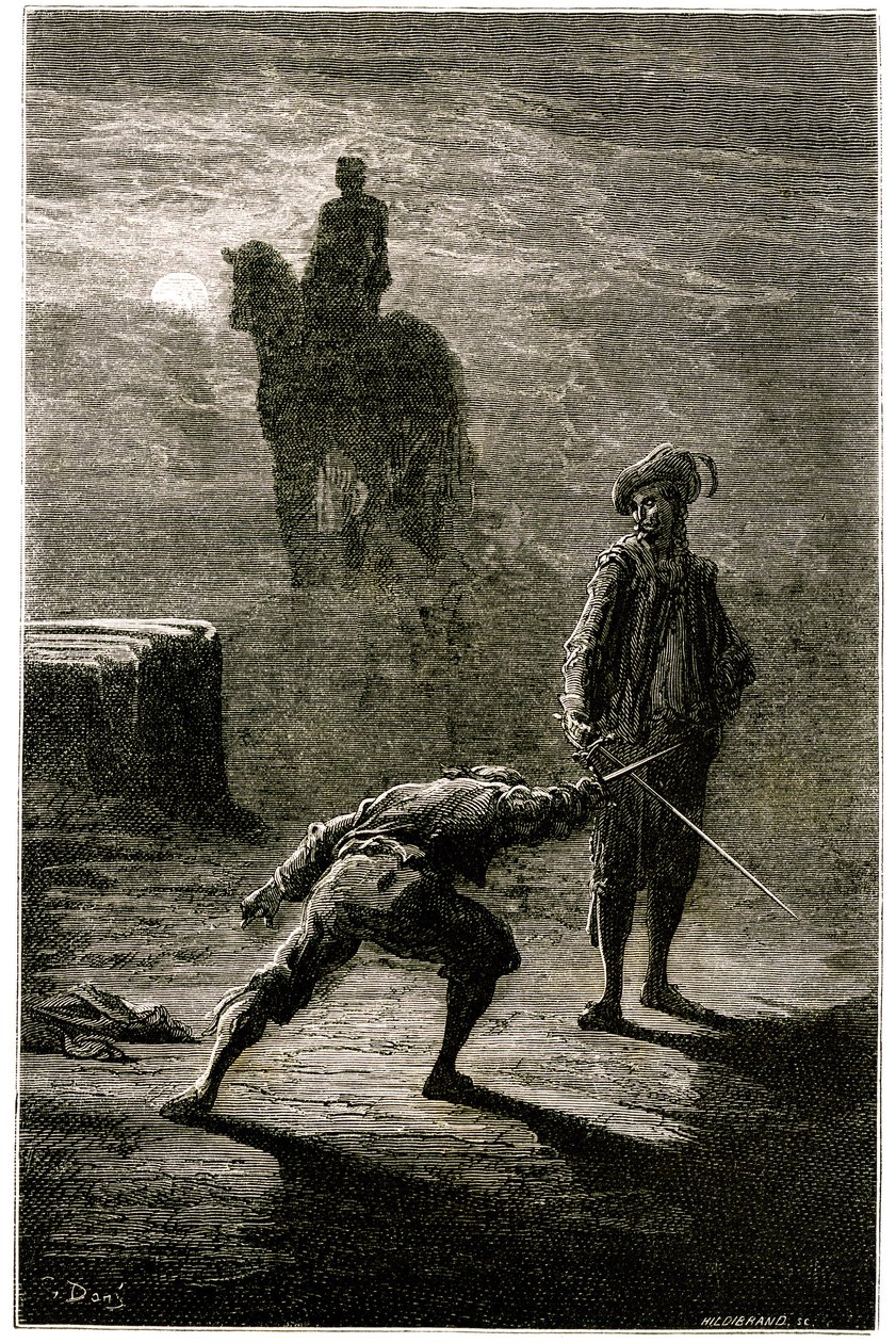 Nocny pojedynek w świetle księżyca między baronem de Sigognac i Jacqueminem Lampourde, pod konnym posągiem króla z brązu. Rycina Gustave