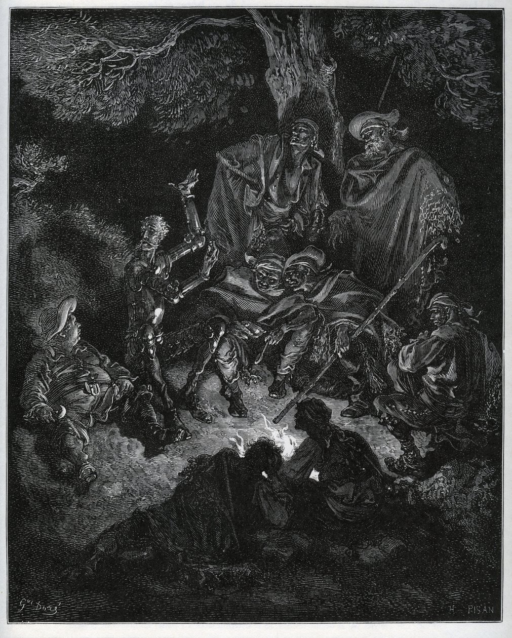 Lampka nocna, w której Don Kichot opowiada historię świata kozom i Sancho Pansa – z „Don Kichota z Manchy” Miguela Cervantesa (1547-1616) (Don Kichota) – Drzeworyt wg rysunku Gustave
