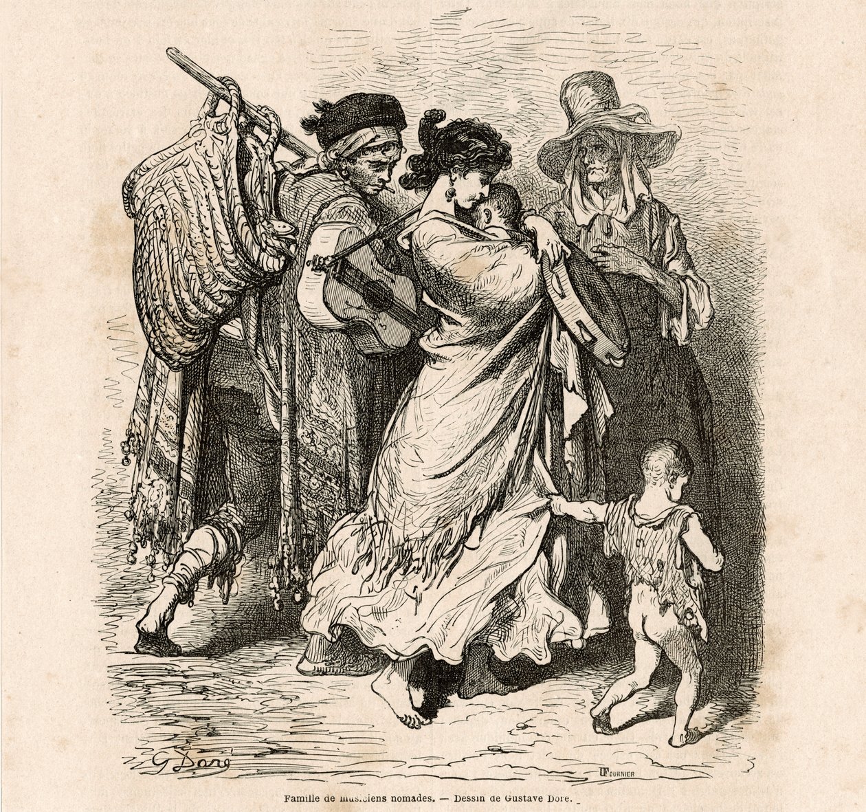 Nomadzka rodzina muzyków (grawerunek) autorstwa Gustave Dore