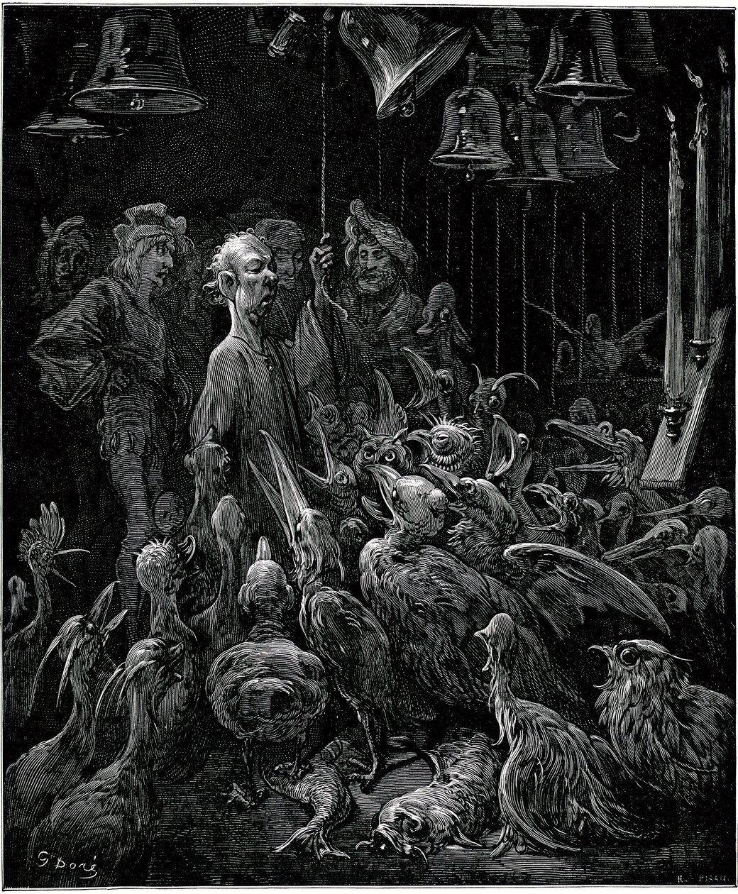 Na wyspie Sonnante Panurge sprawia, że ptaki śpiewają, bijąc w dzwony - ilustracja Gustave