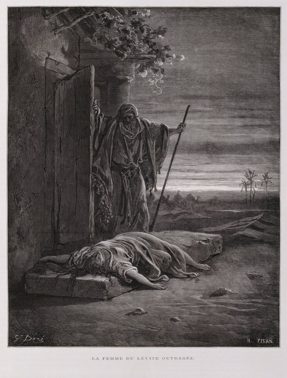 Oburzenie w Gibea, Lewita niesie swoją martwą konkubinę, ilustracja z Biblii Dore