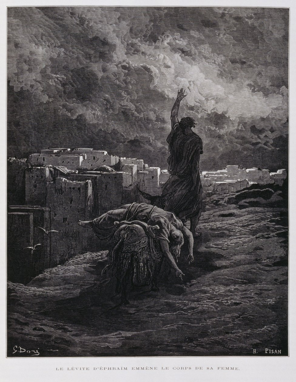 Oburzenie w Gibea, Lewita niesie swoją martwą konkubinę, ilustracja z Biblii Dore