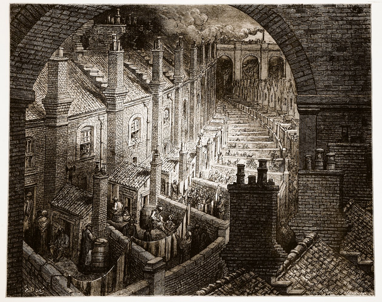 Over London – koleją, z „Londyn, a pielgrzymka”, napisany przez Williama Blancharda Jerrolda (1826-94) i wygrawerowany przez Pannemakera, wyd. 1872 autorstwa Gustave Dore