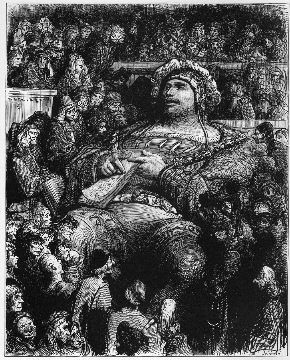 Pantagruel sprawdza swoje nastroje w walce z paryskimi naukowcami - ilustracja z "Gargantua i Pantagruel", autorstwa Francois Rabelais - rycina Gustave Dore (1832-1883) autorstwa Gustave Dore