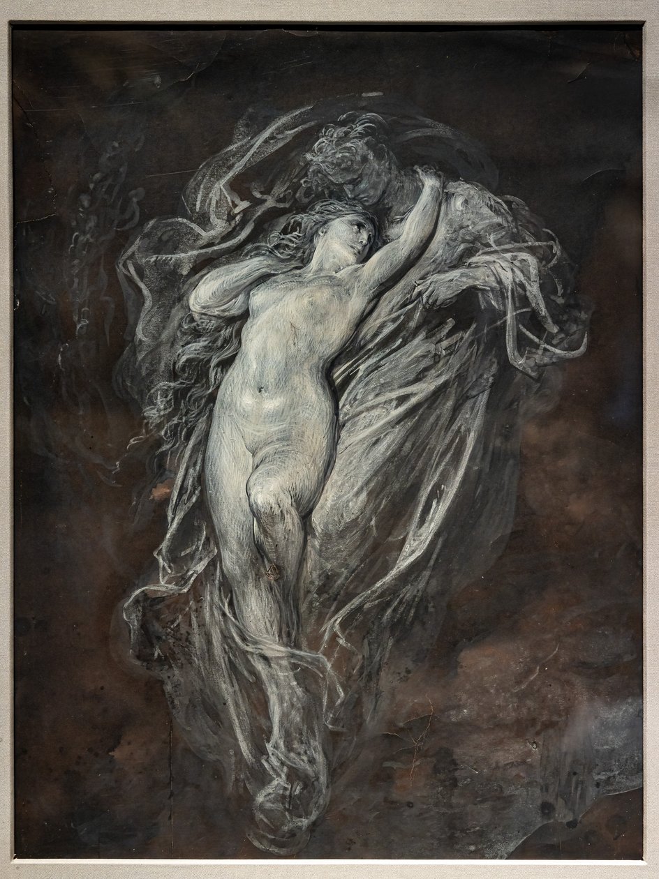 Paolo i Francesca da Rimini w piekle, przed 1861 (tusz indyjski i biała tempera na brązowym papierze) autorstwa Gustave Dore