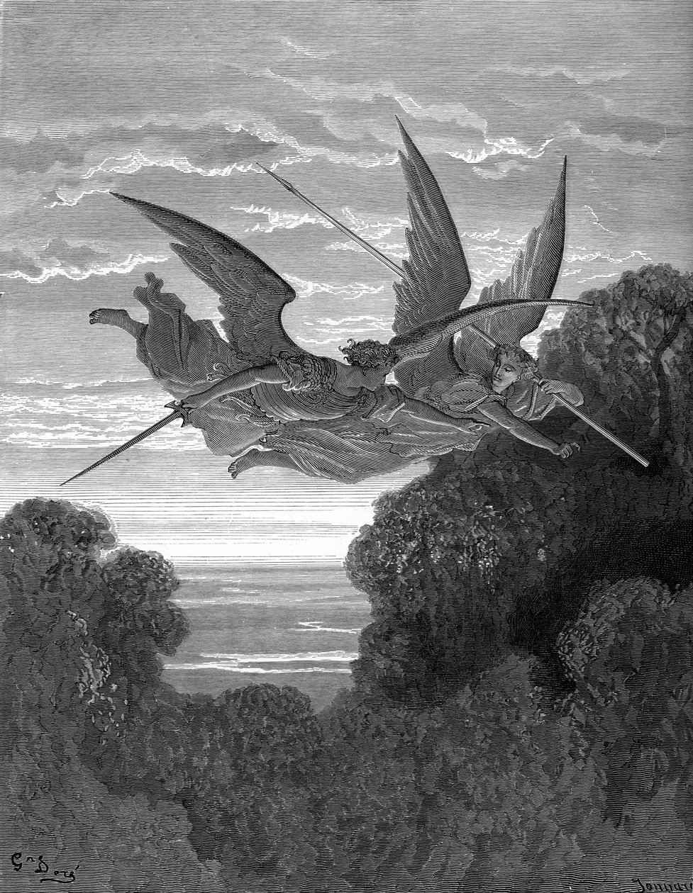 Raj utracony: Ithuriel i Zephon, autorstwa Doré. autorstwa Gustave Dore