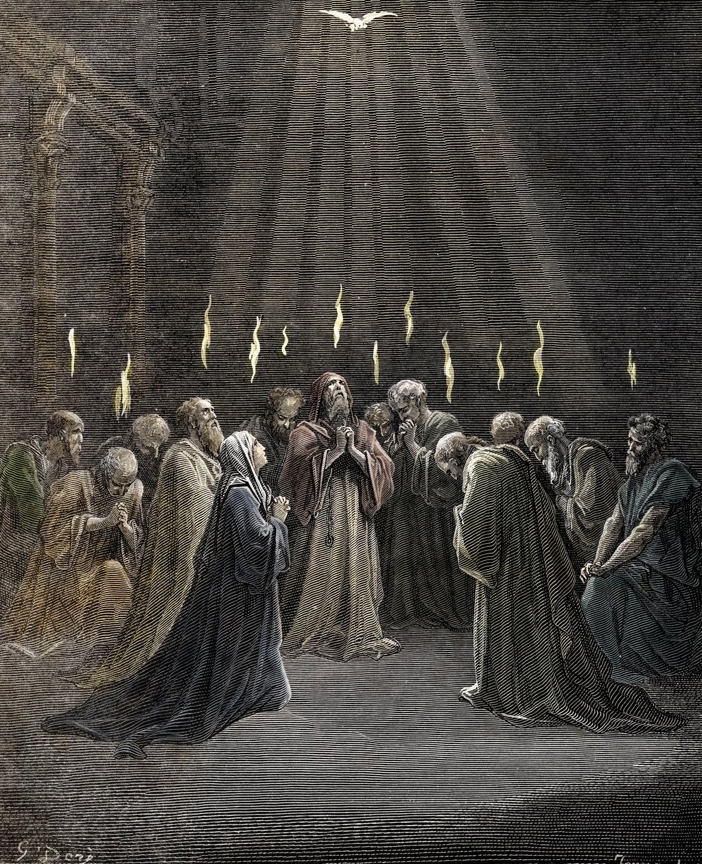 Pięćdziesiątnica, Zesłanie Ducha Świętego na Apostołów i innych wyznawców Jezusa Chrystusa Rycina Gustave Dore (1832-1883) z „” La Bible”” Zbiory prywatne autorstwa Gustave Dore