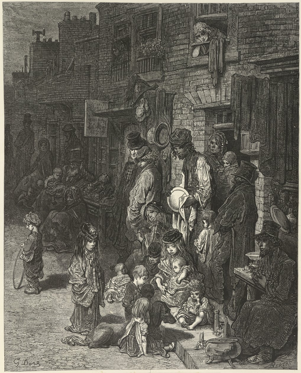 Ludzie stojący i siedzący przed swoimi domami, na ulicy, z „Londynu: pielgrzymka”, Williama Blancharda Jerrolda autorstwa Gustave Dore