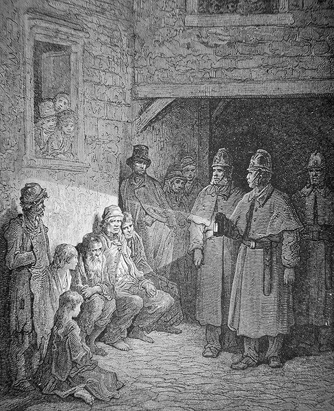 Policjanci na patrolu w londyńskim Rookery, ryty przez Stephane Pannemakera (1847-1930) autorstwa Gustave Dore