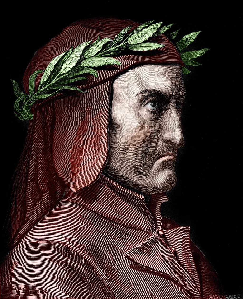 Portret Dantego Alighieri (1265-1321), włoskiego pisarza. Grawer Gustave Doré z 1860 roku. autorstwa Gustave Dore