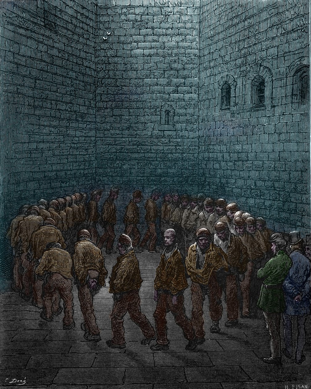 Więźniowie robiący obchód na dziedzińcu więzienia Westgate w Londynie, Gustave Dore autorstwa Gustave Dore