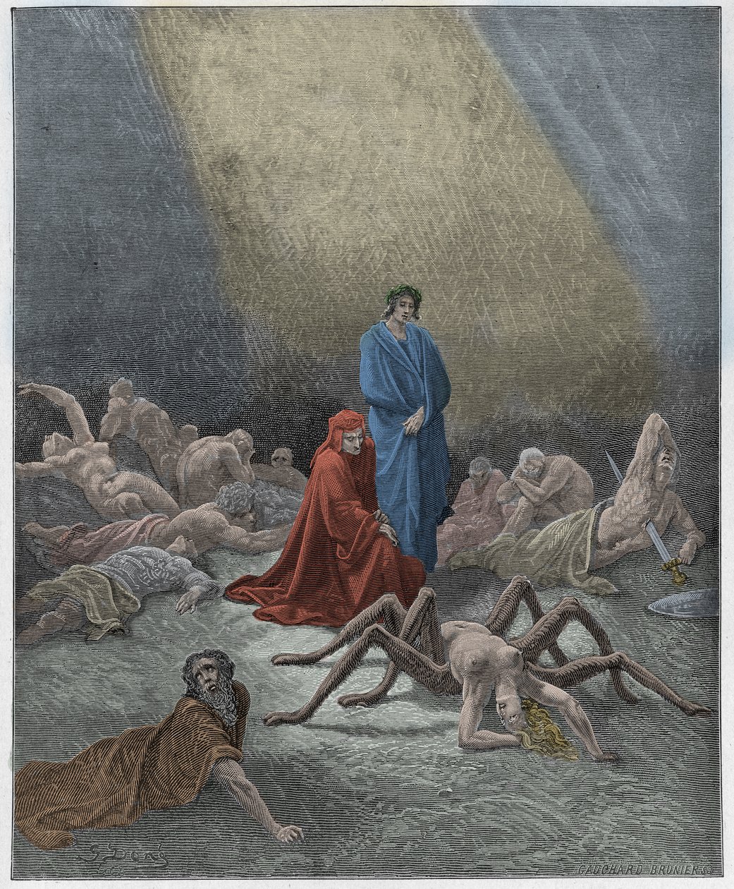 Purgatorio, Canto 12: Dante widzi duszę Arachne, ilustracja z „Boskiej komedii” Dantego Alighieri, 1885 autorstwa Gustave Dore