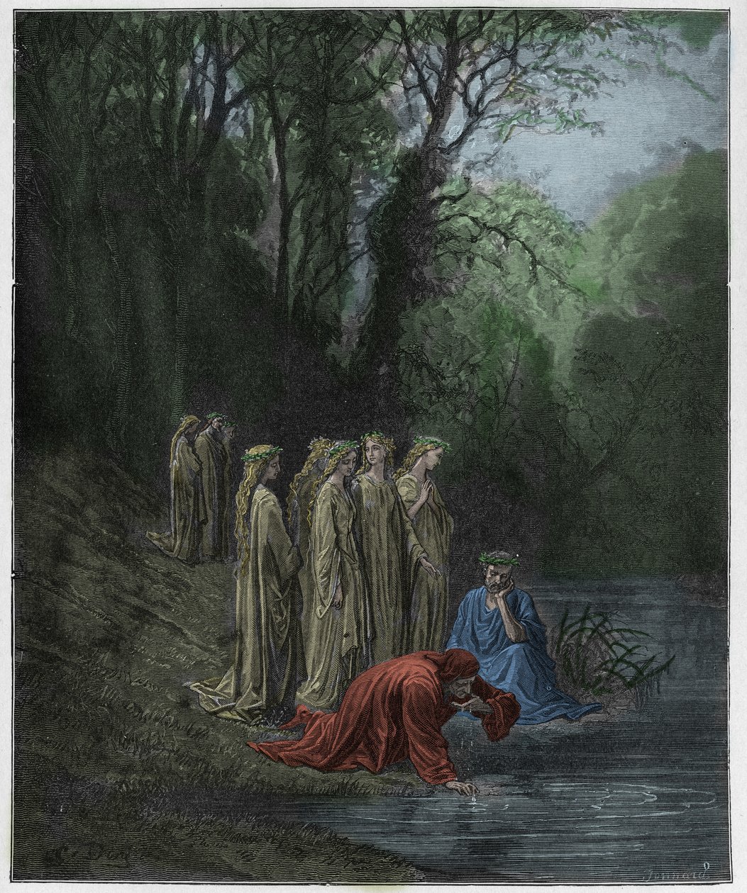 Purgatorio, Canto 33: Dante pije z rzeki Eunoe, ilustracja z „Boskiej komedii” Dantego Alighieri, 1885 autorstwa Gustave Dore
