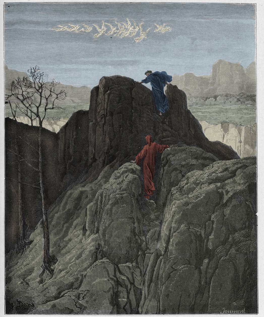 Purgatorio, Canto 4: Wergiliusz prowadzi Dantego na surowe zbocze góry, ilustracja z „Boskiej komedii” Dantego Alighieri, 1885 autorstwa Gustave Dore