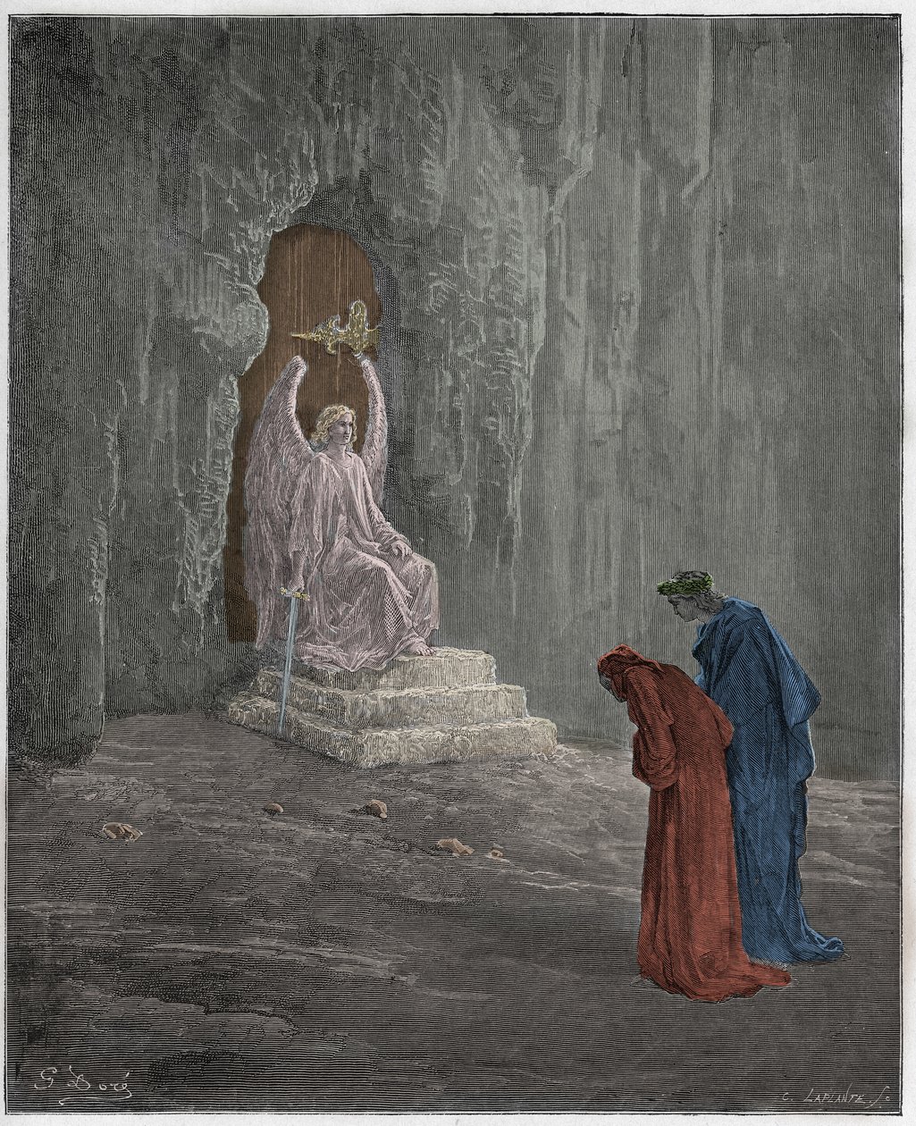 Purgatorio, Canto 9: Dante i Wergiliusz na portalach czyśćca, ilustracja z „Boskiej komedii” Dantego Alighieri, 1885 autorstwa Gustave Dore
