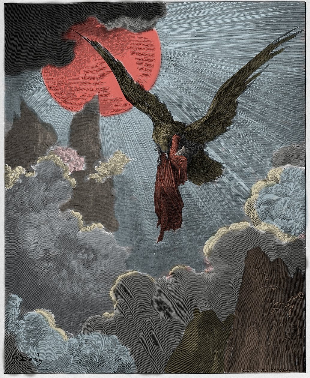 Purgatorio, Canto 9 : Dante we śnie unoszony przez orła, ilustracja z „Boskiej komedii” Dantego Alighieri, 1885 autorstwa Gustave Dore
