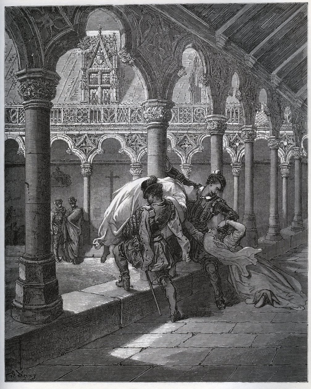 Recytacja Don Fernanda; zabiera Luscinde z klasztoru, w którym się schroniła - przed „Don Kichotem z Manchy” Miguela Cervantesa (1547-1616) (Don Kichota) - Drzeworyt wg rysunku Gustave