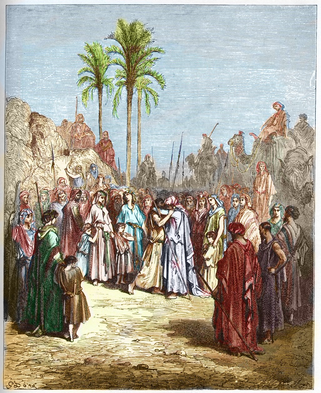 Pojednanie między Jakubem i Ezawem - Pojednanie Jakuba i Ezawa Genese, XXXIII, 4 - - Grawerowanie z „”Ilustracja Biblii” Gustave