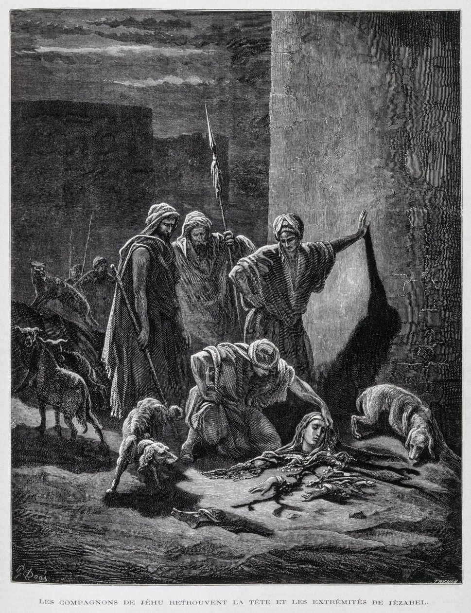 Szczątki królowej Jezebel po tym, jak została wyrzucona z okien pałacu, ilustracja z Biblii Dore