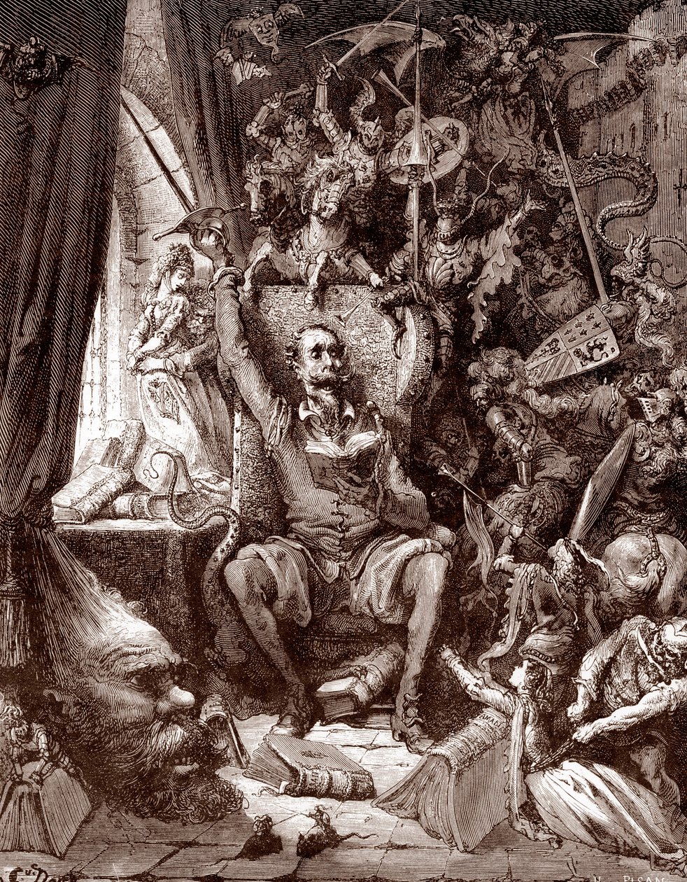 Representação de Dom Quixote em sua biblioteca rodeado pelas criaturas de seus livros Gravura de Gustave Dore (1832-1883) para “L