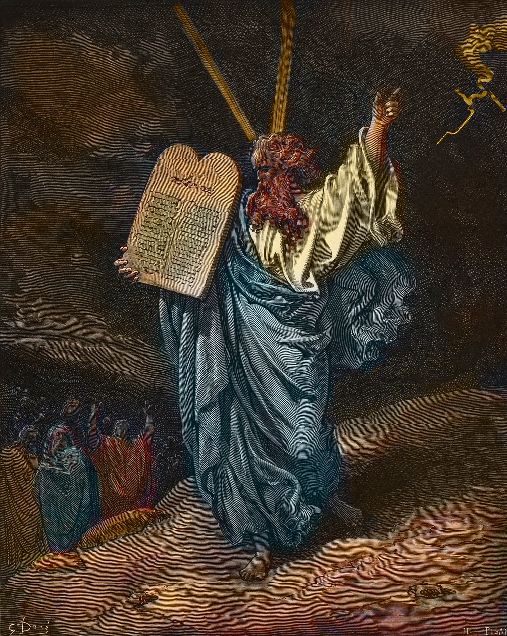 Przedstawienie Mojżesza z nowymi Tablicami Prawa na Górze Synaj - rycina Gustave Dore (1832-1883) - późniejsza kolorystyka autorstwa Gustave Dore