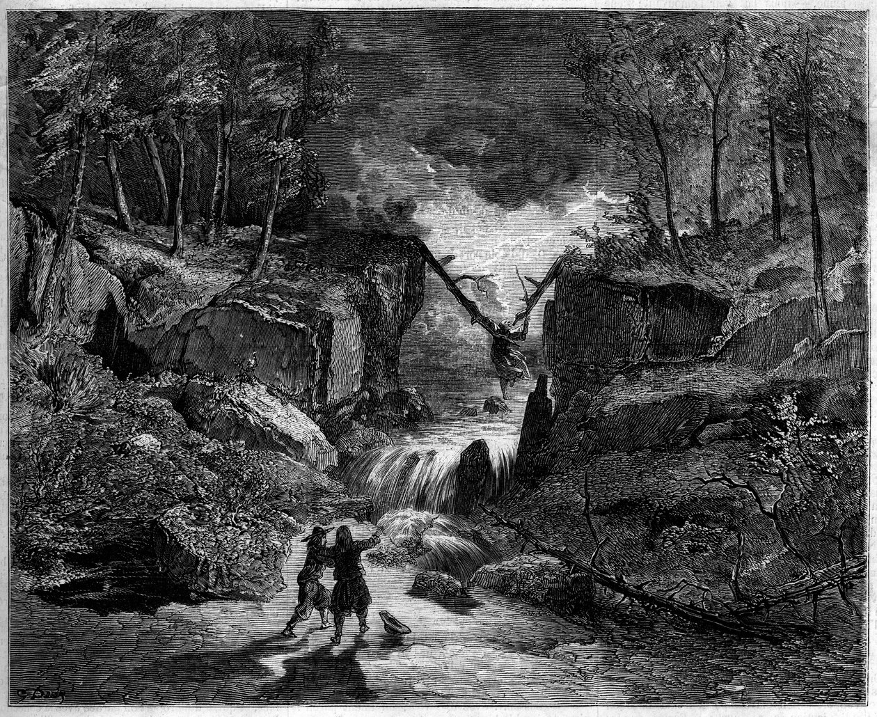 Przedstawienie opery: szalony grobowiec w potoku - Ostatnia scena, akt II „Pardon de Ploermel”, opera komiczna z 1859 roku na libretto Michela Carre (1819-1872) i Julesa Barbiera (1822-1901) oraz muzyka Giacomo Meyerbeera (1791-1864) - Teatr autorstwa Gustave Dore
