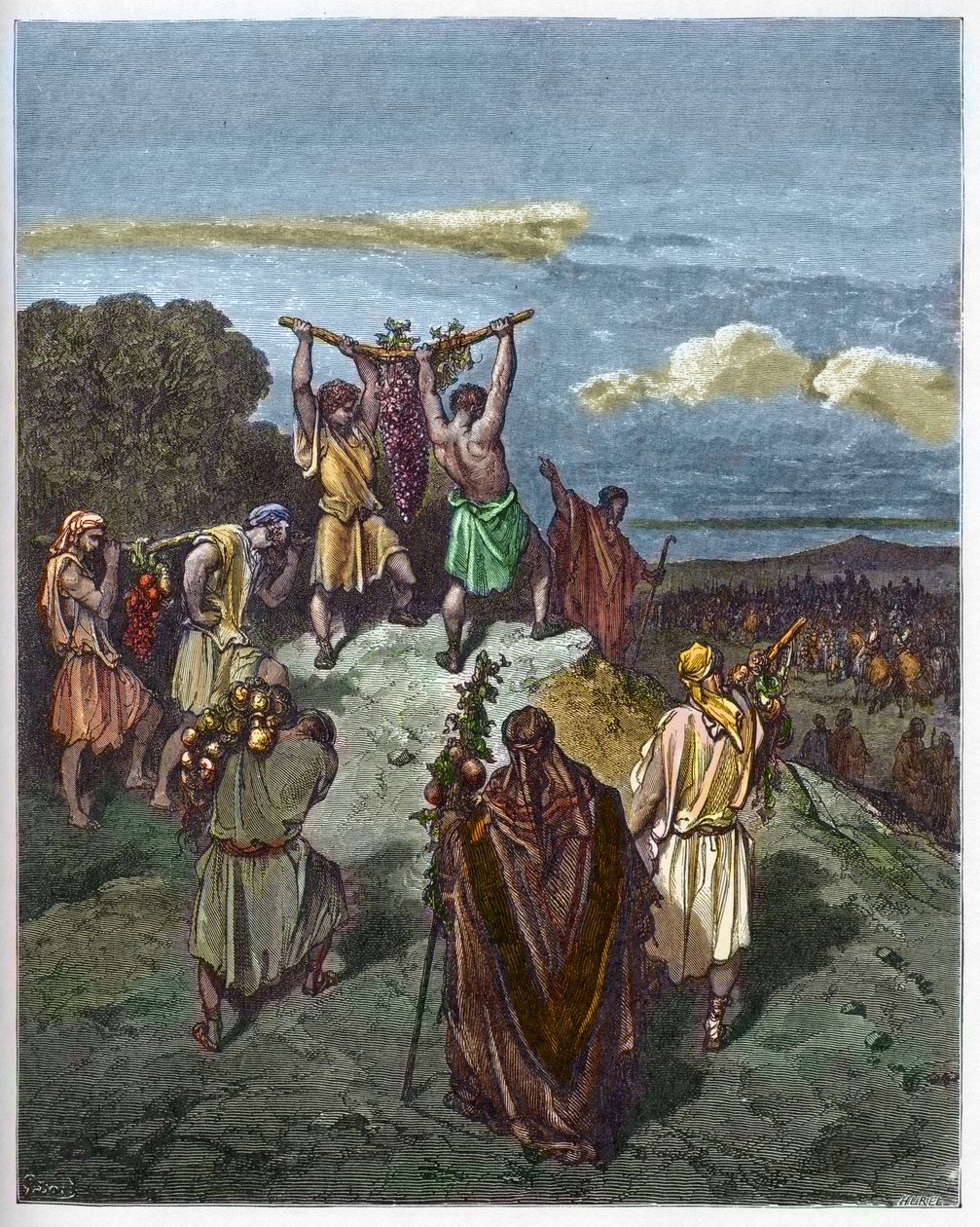 Powrót z ziemi Kanaan - Powrót Jozuego i Kaleba z ogromną kiścią winogron z ziemi Kanaan (Ziemia Obiecana) - - Grawerowanie w „The Bible illustree” Gustave