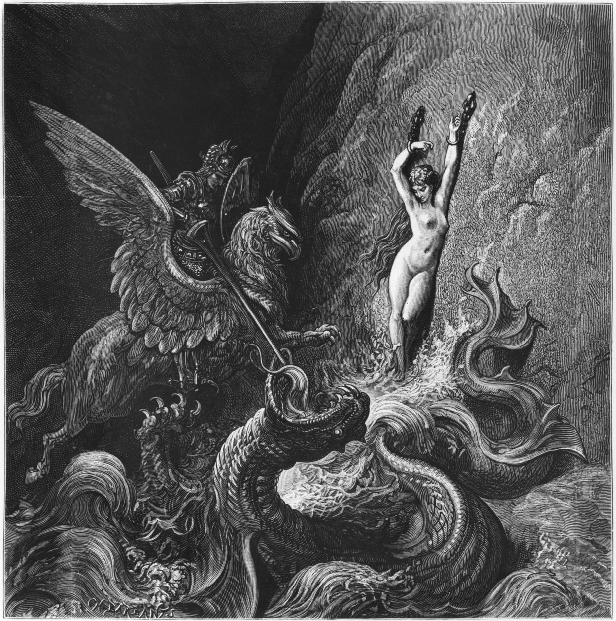 Ruggiero ratujący Angelikę, ilustracja z Pieśni X „Orlando Furioso” Ludovico Ariosto (1474-1533) wydana 1888, Paryż (rycina) autorstwa Gustave Dore