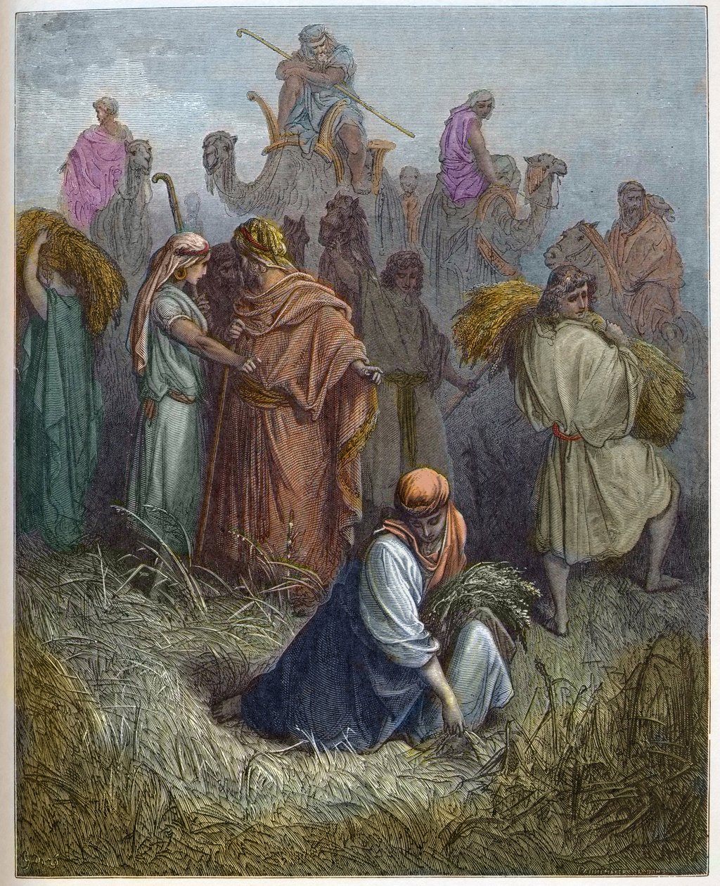 Ruth i Boaz (Booz) - Ruth pracująca na polach Boaza (Boaza) (Ruth i Boaz) - - grawerowanie w „The Bible illustree” Gustave