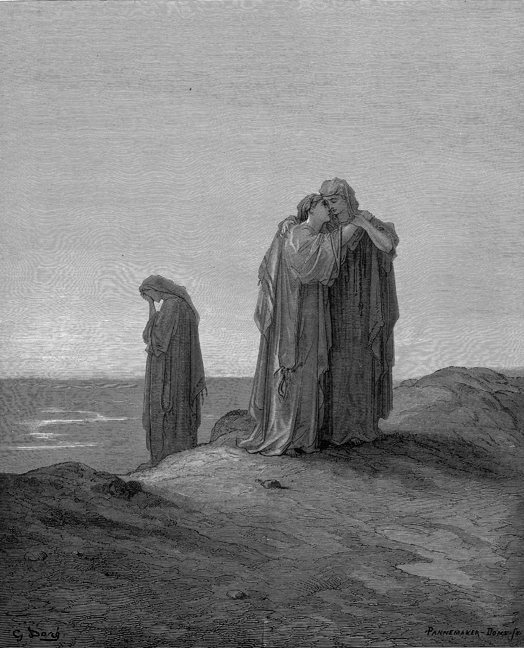 Rut obejmuje swoją teściową Noemi i obiecuje zostać z nią teraz, gdy są w żałobie, 1866 autorstwa Gustave Dore