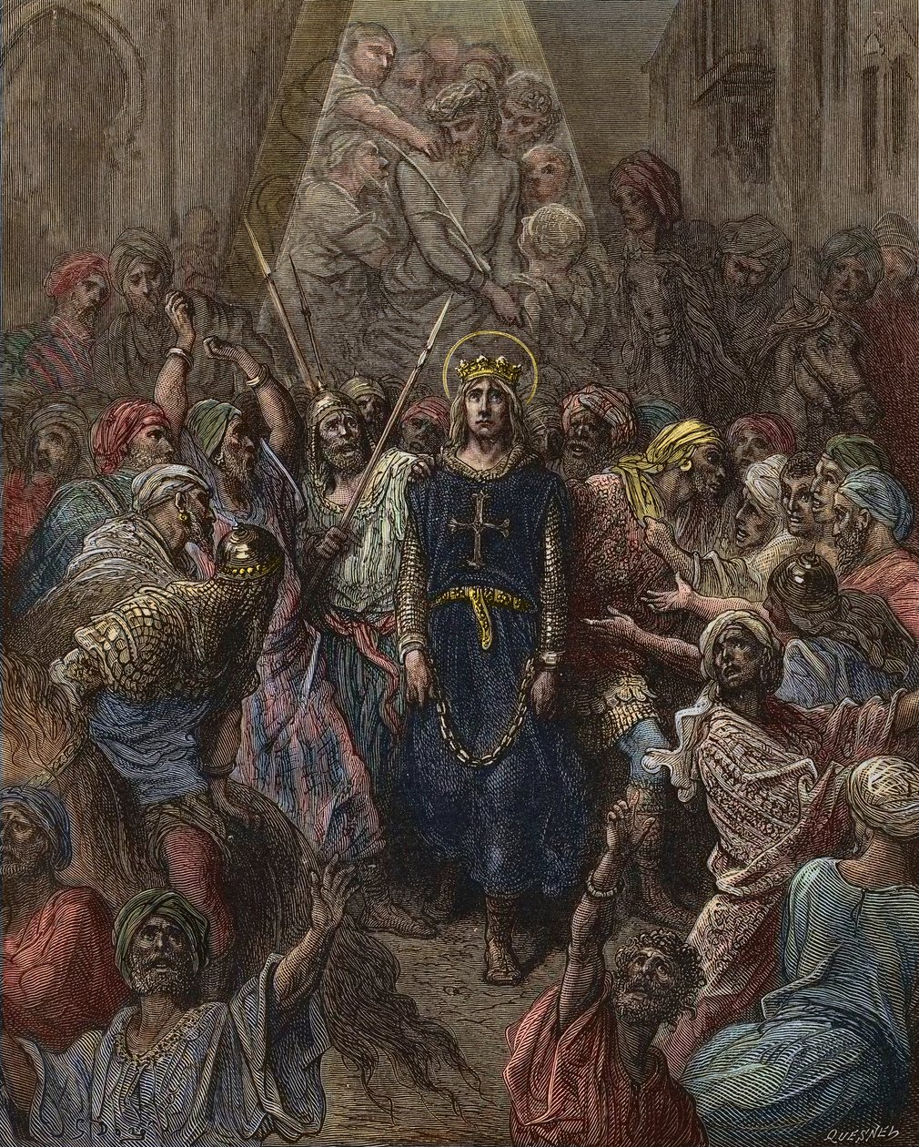 Św. Ludwik wzięty do niewoli w Mansoura, podczas VII krucjaty w 1250 r. - Król Ludwik IX (1214-70) do niewoli w Egipcie - rycina Gustave Dore - z Historii wypraw krzyżowych Josepha-Francois Michauda autorstwa Gustave Dore