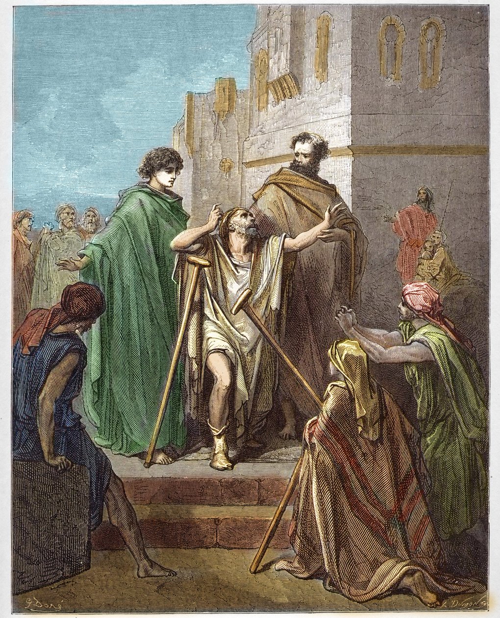 Święty Piotr i Święty Jan uzdrawiający ostrze - Guerison chromych - Święty Piotr w towarzystwie św. Jana cudownie walczył z chromym człowiekiem w Jerozolimie - - grawerowanie w „Ilustracji Biblii” Gustave