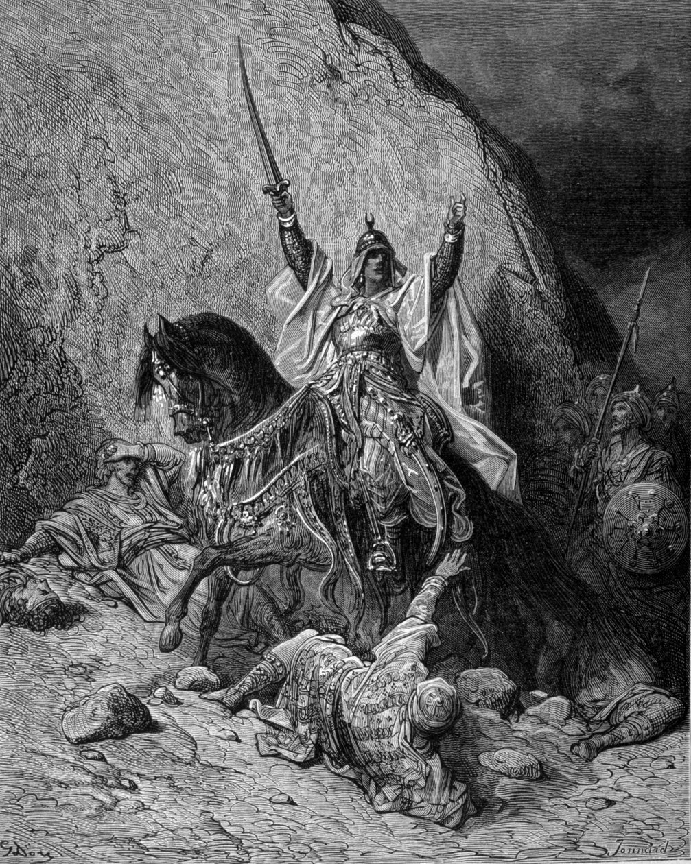 Saladyn (1138-1193) (Salah al Din Yusuf al-Ayyubi (al Ayyubi) na czele swoich wojsk przeciw przeprawom - grawerunek Gustave Dore autorstwa Gustave Dore