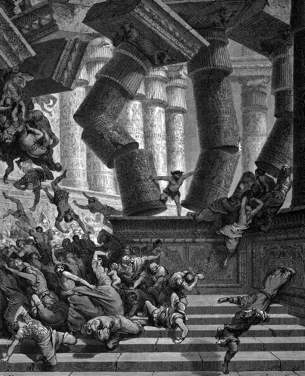 Samson burzenie Świątyni Dagona, 1866 autorstwa Gustave Dore