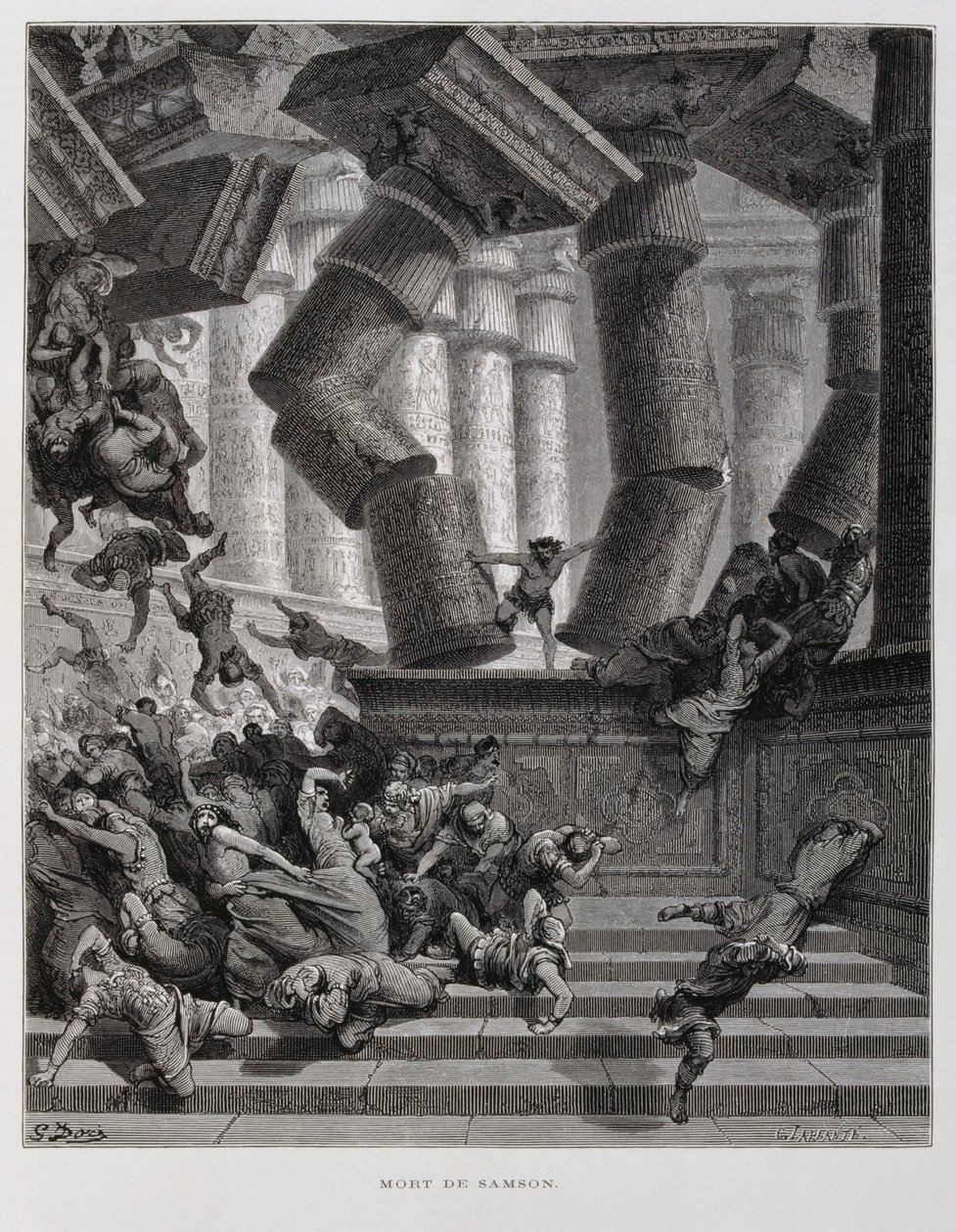 Samson niszczy świątynię Baala, ilustracja z Biblii Dore