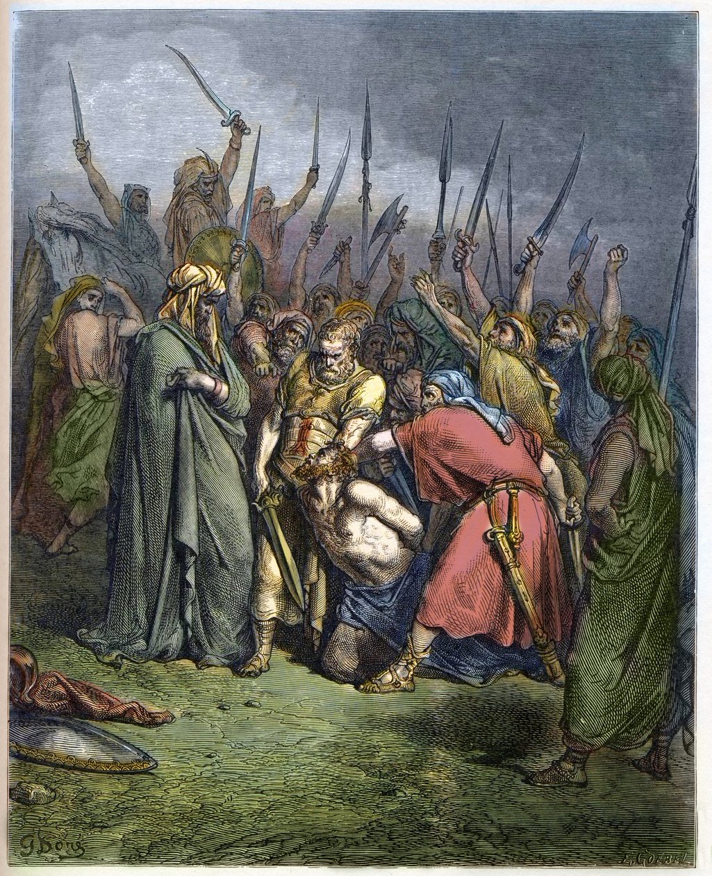 Samuel zabija Agaga - Ścięcie Agaga, króla Amalekitów, przez proroka Samuela - - grawerowanie w „”Ilustracja Biblii”” Gustave