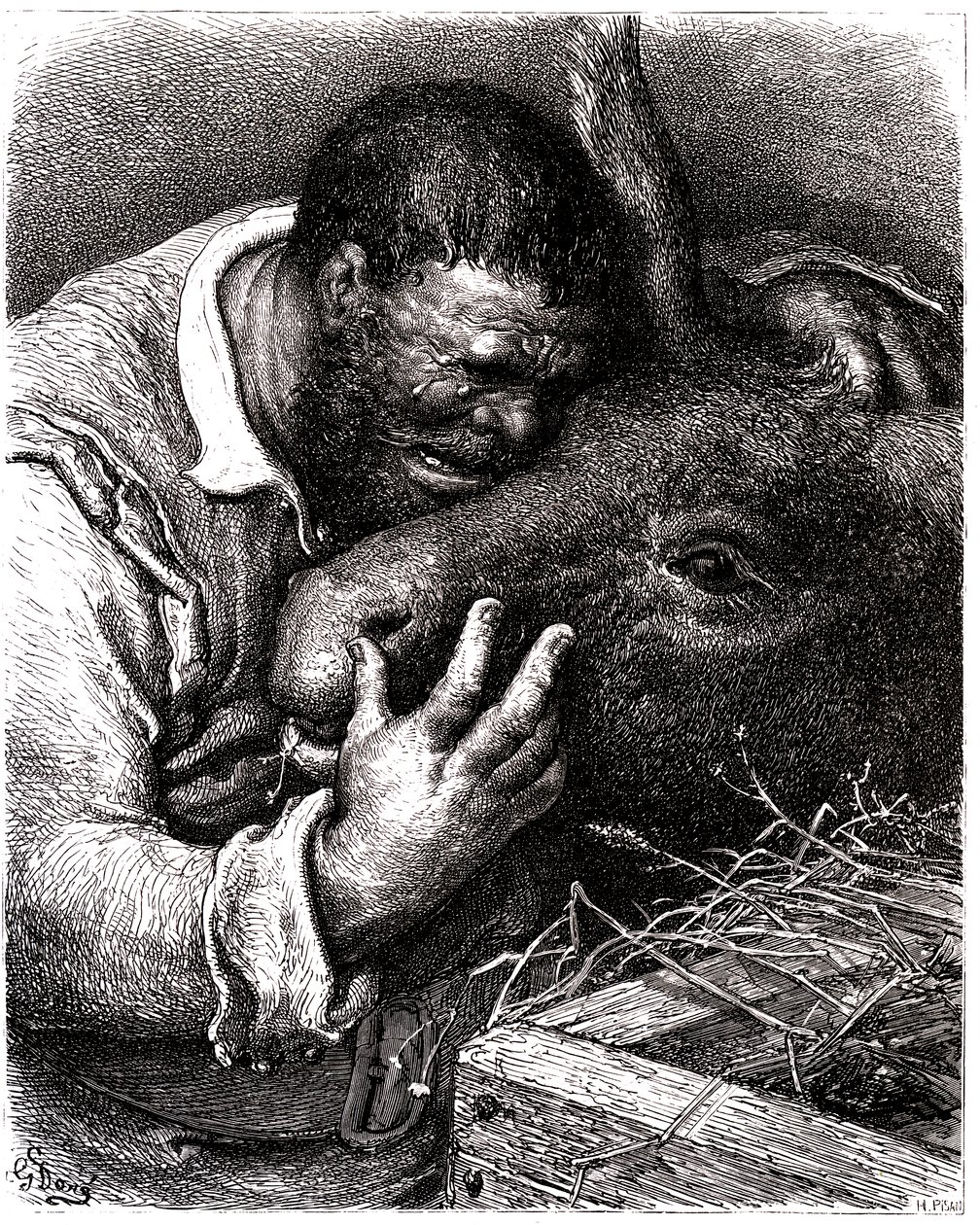 Sancho Pansa płacze, całując osła autorstwa Gustave Dore