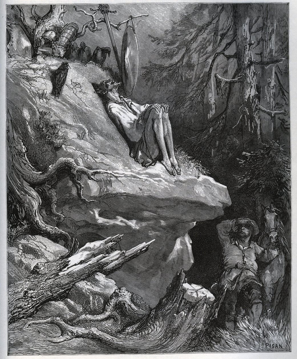 Sancho Pansa odnajduje swojego mistrza, zawsze w skrusze - z „Don Kichota z Manchy” Miguela Cervantesa (1547-1616) (Don Kichota) - Drzeworyt wg rysunku Gustave