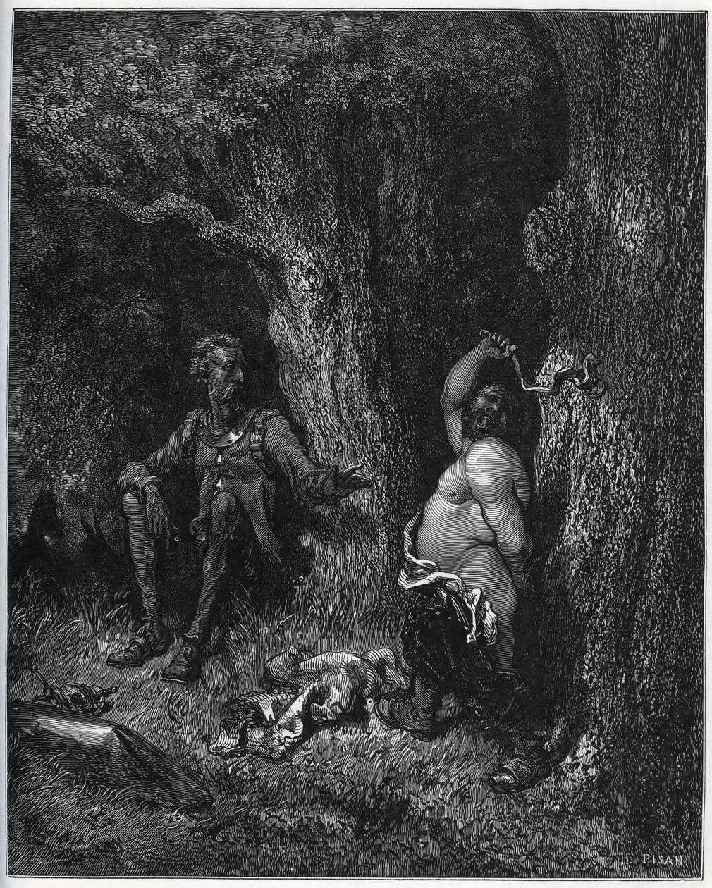 Sancho Pansa leci przed Don Kichotem, aby spełnić życzenie Merlina i tym samym odczarować Dulcinee od Toboso. Don Kichot nakłania go do umiarkowania jego zapału – z „Don Kichota z Manchy” Miguela Cervantesa (1547-1616) (Don Kichota) – Drzeworyt autorstwa Gustave Dore