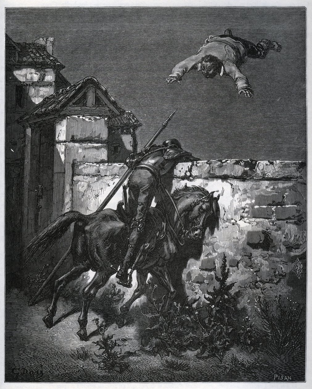 Sancho Pansa zostaje oszukany, a Don Kichot nie może interweniować – z „”Don Kichota z Manchy”” Miguela Cervantesa (1547-1616) (Don Kichota) – Drzeworyt według rysunku Gustave
